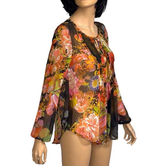 Dark Floral Sheer Blouse S Brown Multi Pin Pleats Fairycore Whimsigoth Ethereal - Picture 6 of 12